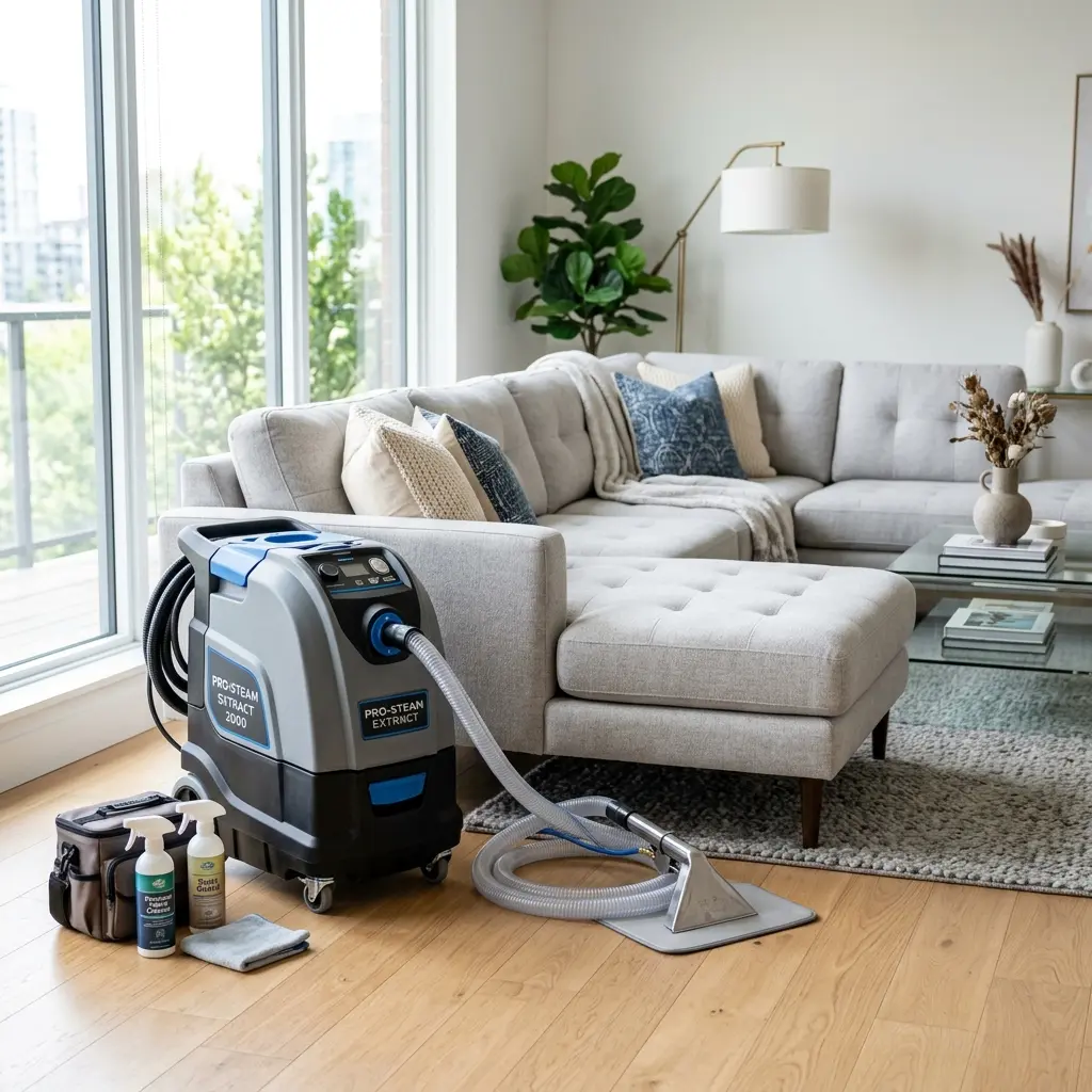 Máquina extratora profissional realizando higienização de estofados